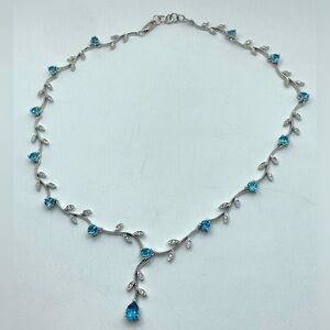 STERLING Blue Topaz & CZ Fancy Leaves Vines Necklace w Drop Pendant 16” + 1”